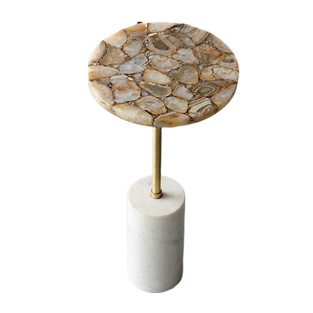 Benjara Lima Side End Table, 12 Inch Round Brown Agate, Marble Cylinder Base
