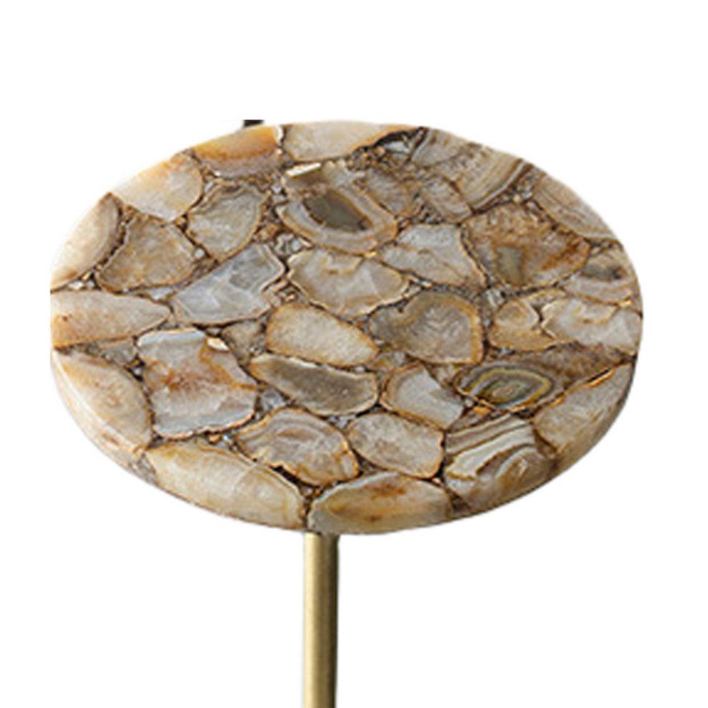 Benjara Lima Side End Table, 12 Inch Round Brown Agate, Marble Cylinder Base