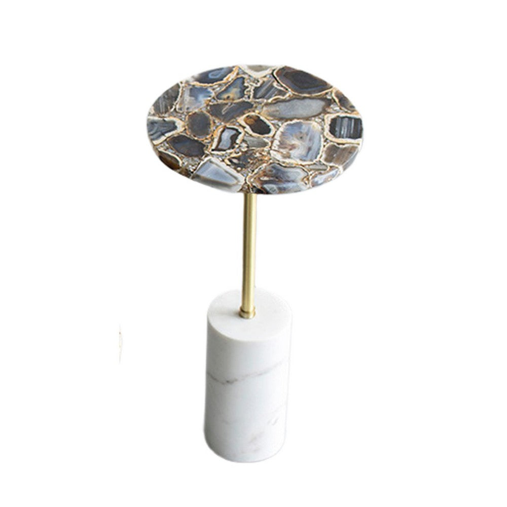 Benjara Lima Side End Table, 12 Inch Round Black Agate, Marble Cylinder Base