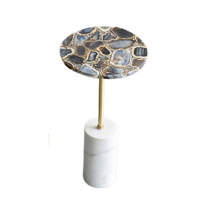 Benjara Lima Side End Table, 12 Inch Round Black Agate, Marble Cylinder Base