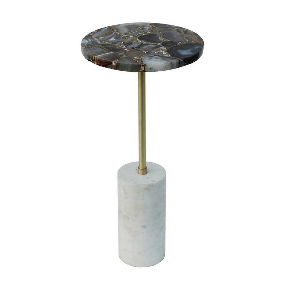 Benjara Lima Side End Table, 12 Inch Round Black Agate, Marble Cylinder Base