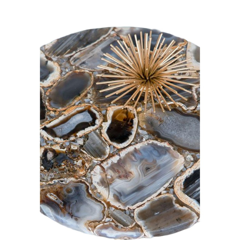 Benjara Lima Side End Table, 12 Inch Round Black Agate, Marble Cylinder Base