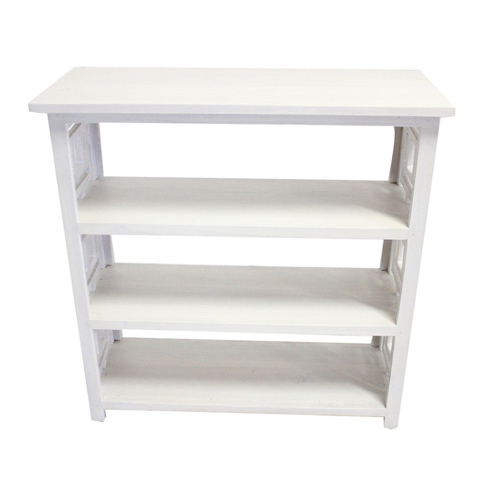 Benjara Sumo Console Table with 3 Shelves, Lattice Cutout Sides, White 36 Inch