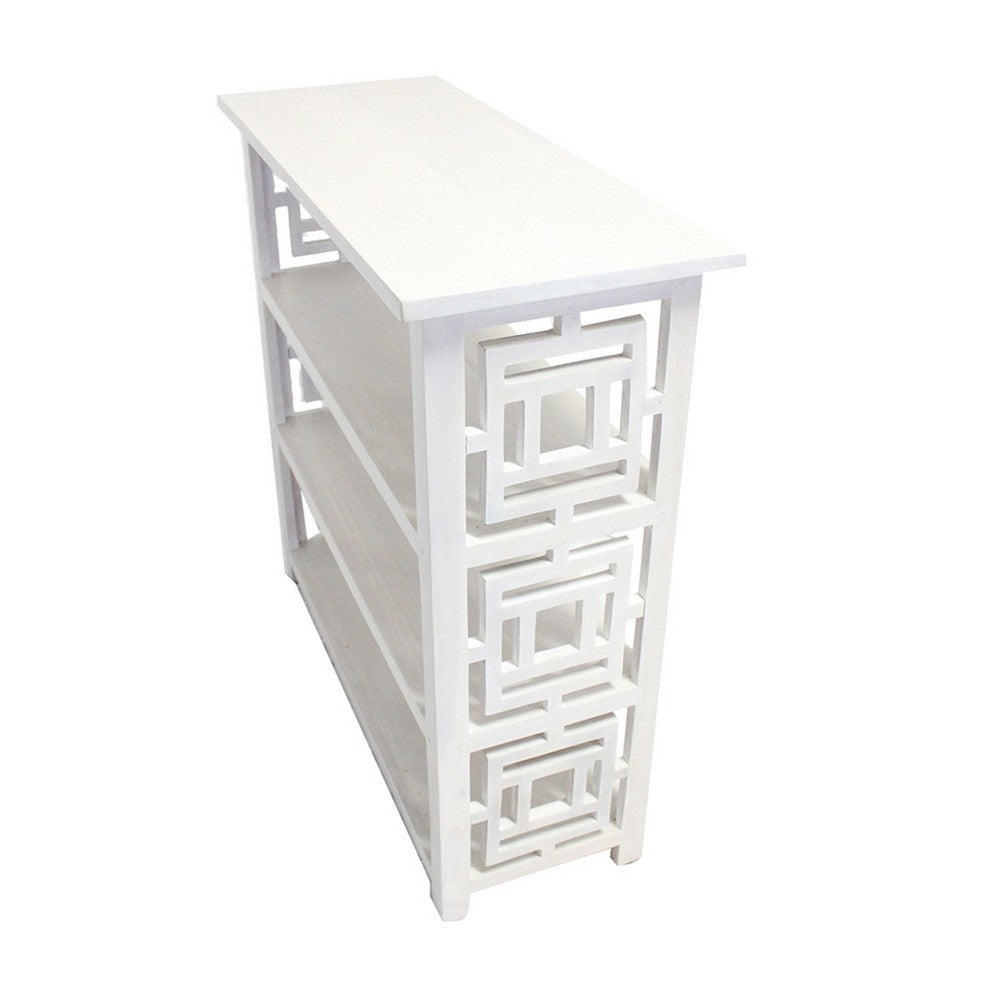 Benjara Sumo Console Table with 3 Shelves, Lattice Cutout Sides, White 36 Inch