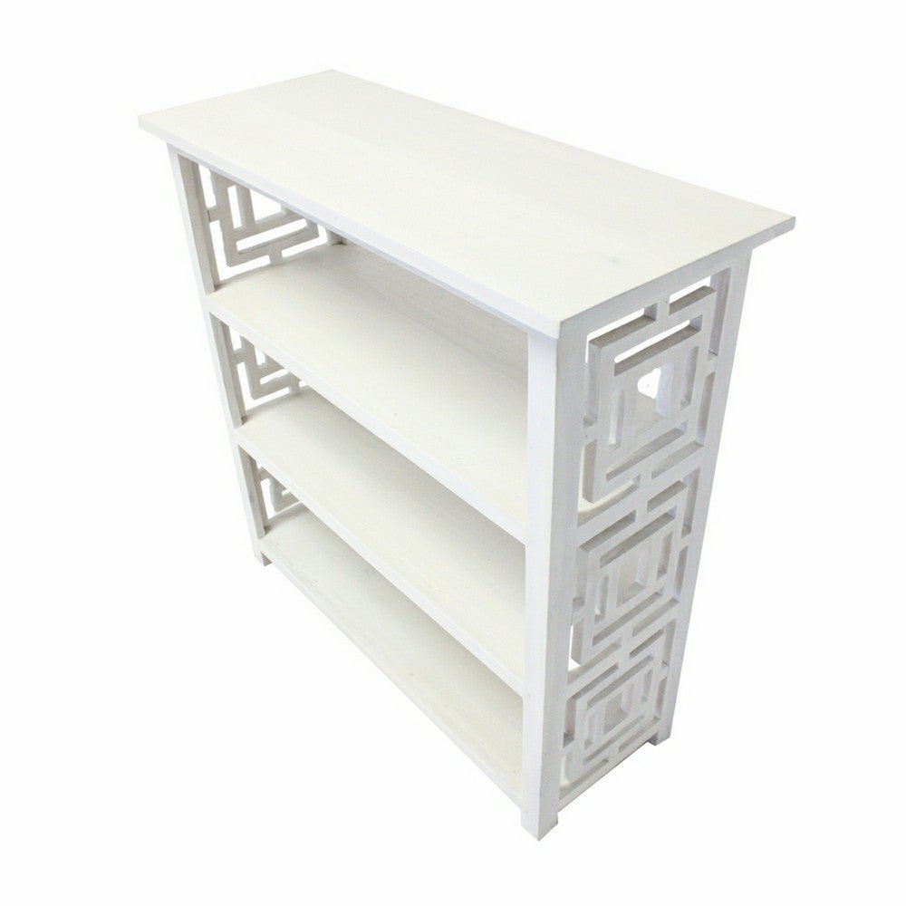 Benjara Sumo Console Table with 3 Shelves, Lattice Cutout Sides, White 36 Inch