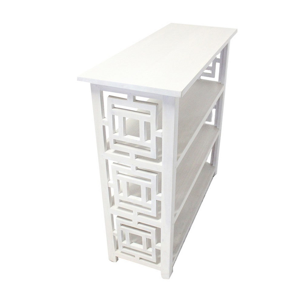 Benjara Sumo Console Table with 3 Shelves, Lattice Cutout Sides, White 36 Inch