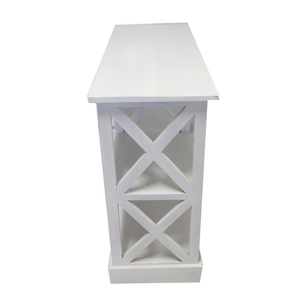 Benjara Console Table with 3-Tier Design, X Cutout Sides, White Wood 39 Inch