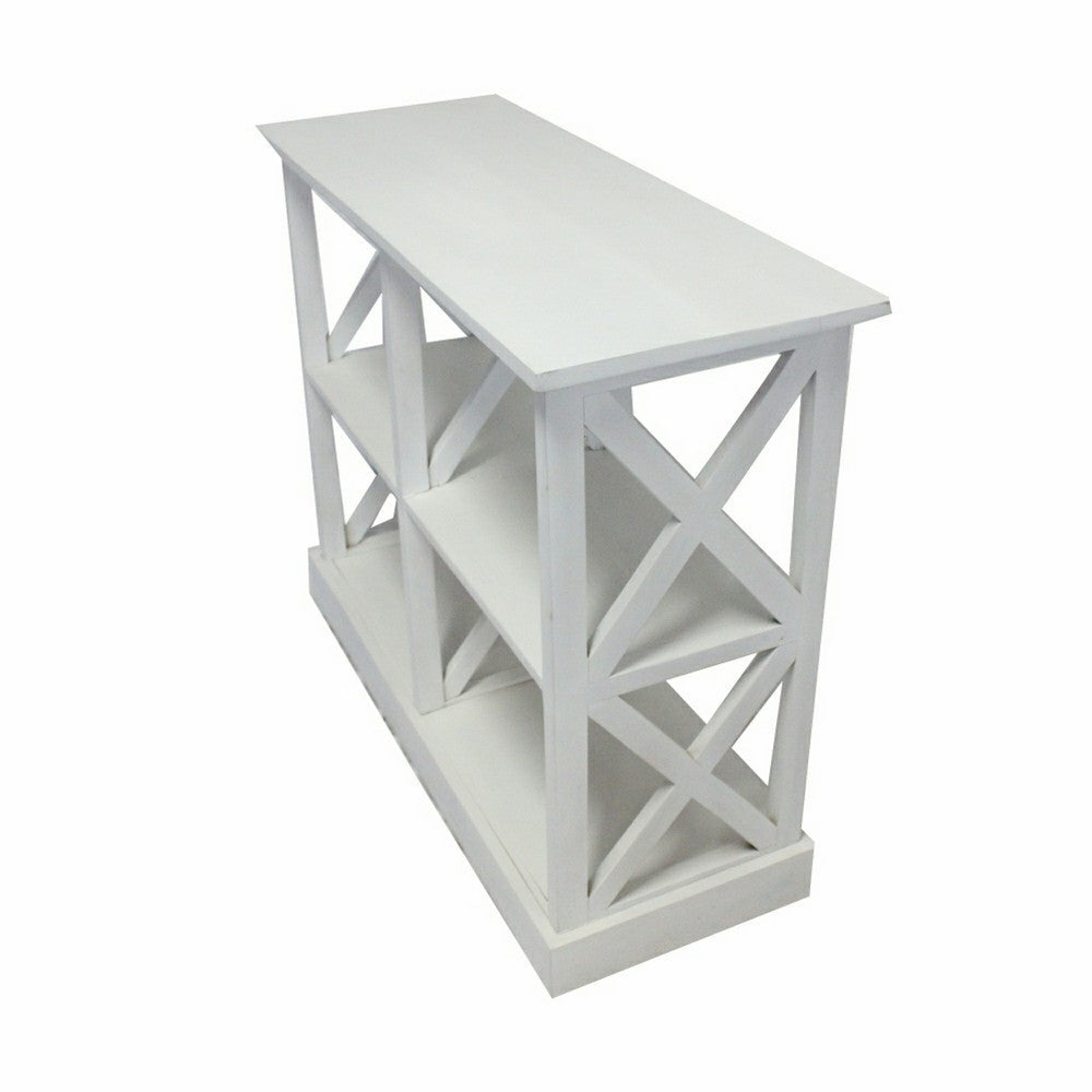 Benjara Console Table with 3-Tier Design, X Cutout Sides, White Wood 39 Inch