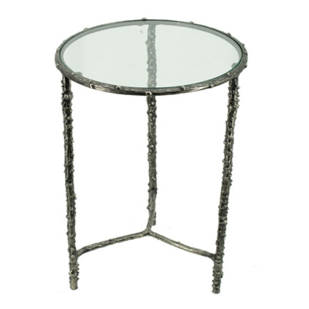 Benjara 2pc End Table Set, Round Glass Top, Forged Antique Silver Finish