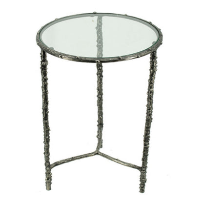 Benjara 2pc End Table Set, Round Glass Top, Forged Antique Silver Finish