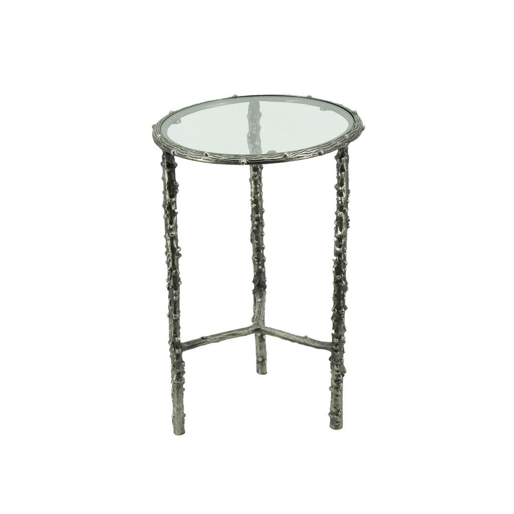 Benjara 2pc End Table Set, Round Glass Top, Forged Antique Silver Finish