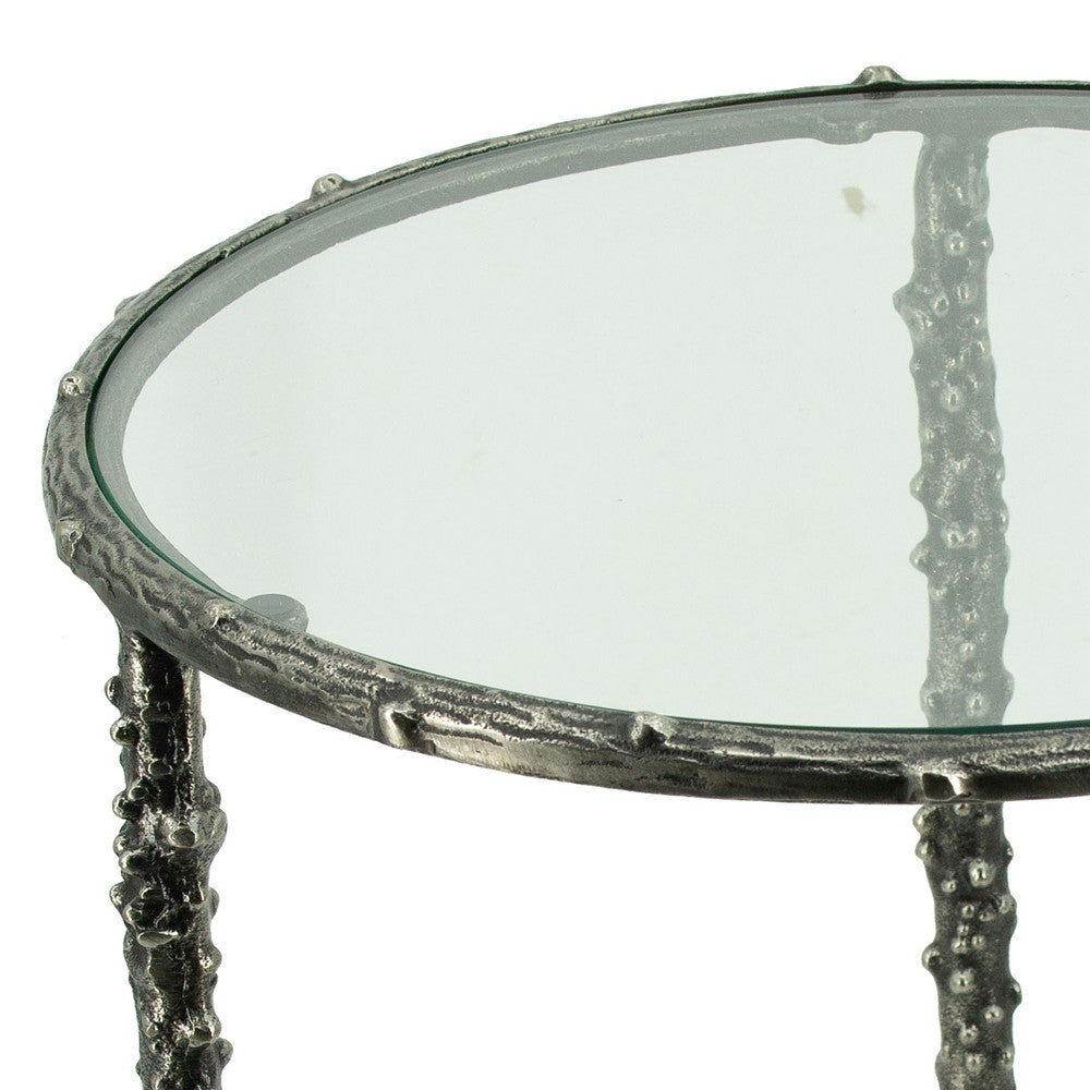 Benjara 2pc End Table Set, Round Glass Top, Forged Antique Silver Finish