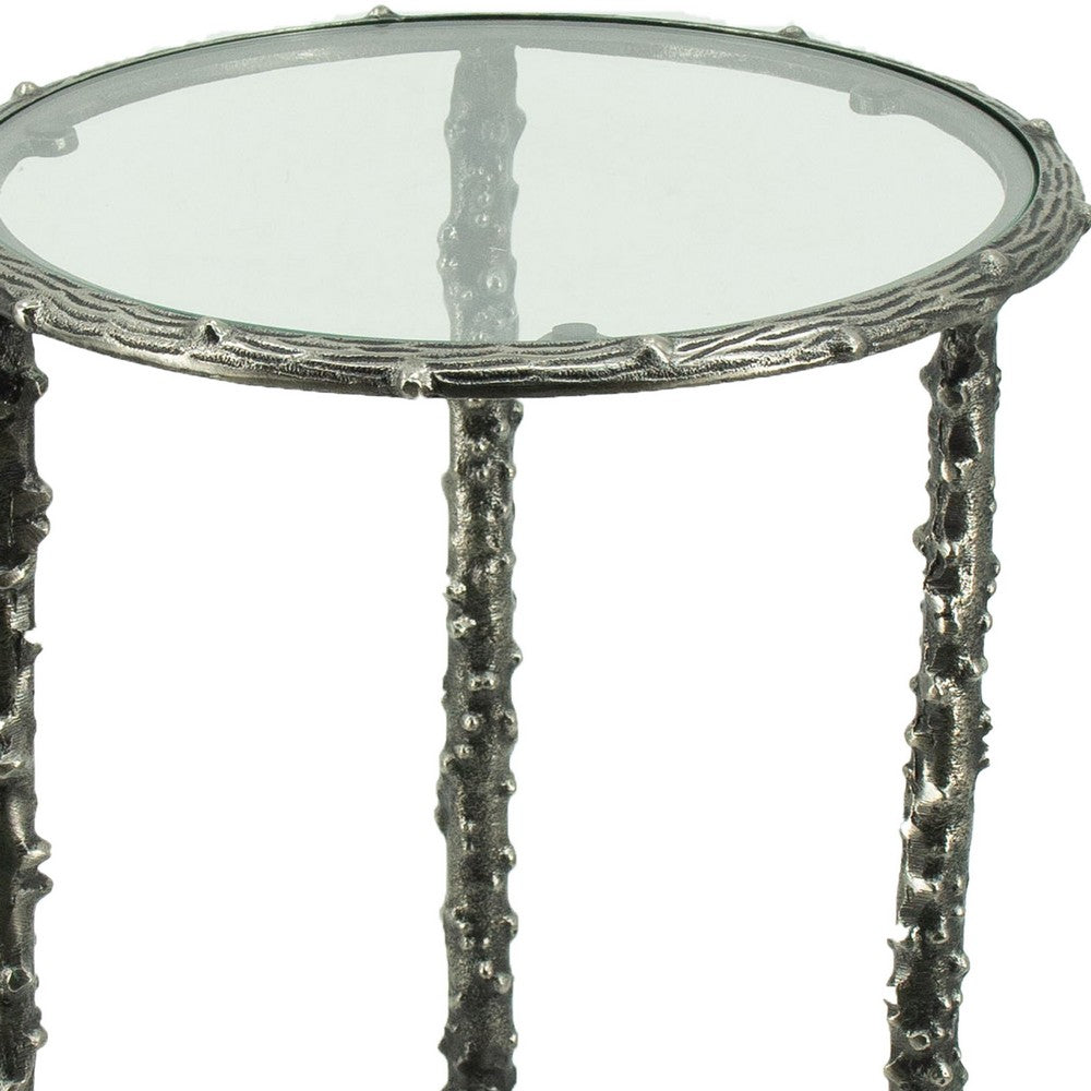 Benjara 2pc End Table Set, Round Glass Top, Forged Antique Silver Finish