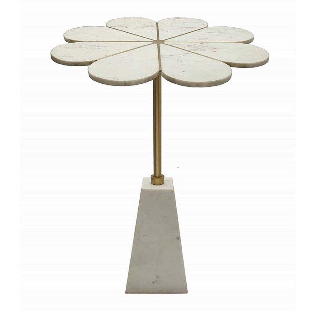 Benjara Gony Side End Table, 22 Inch Flower Top, Gold Brass Inlay, White Marble