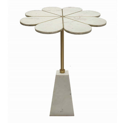 Benjara Gony Side End Table, 22 Inch Flower Top, Gold Brass Inlay, White Marble