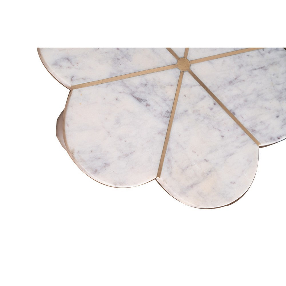 Benjara Gony Side End Table, 22 Inch Flower Top, Gold Brass Inlay, White Marble