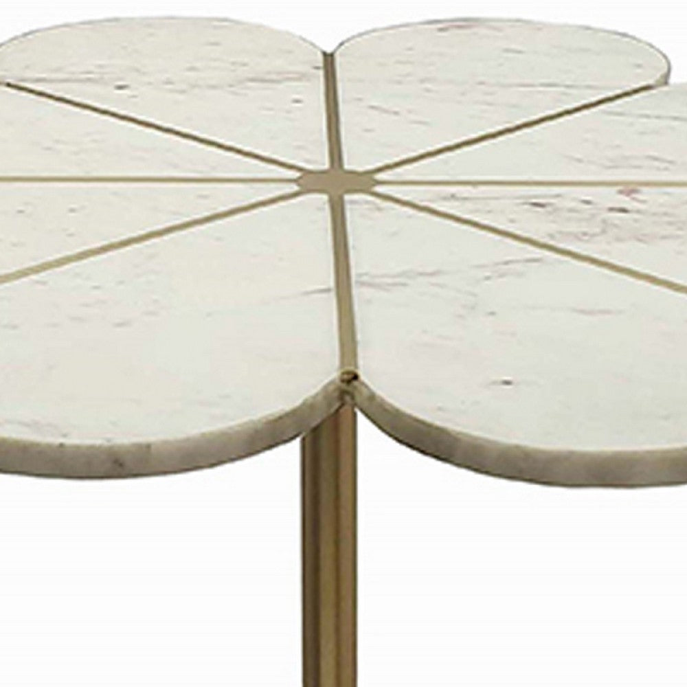 Benjara Gony Side End Table, 22 Inch Flower Top, Gold Brass Inlay, White Marble