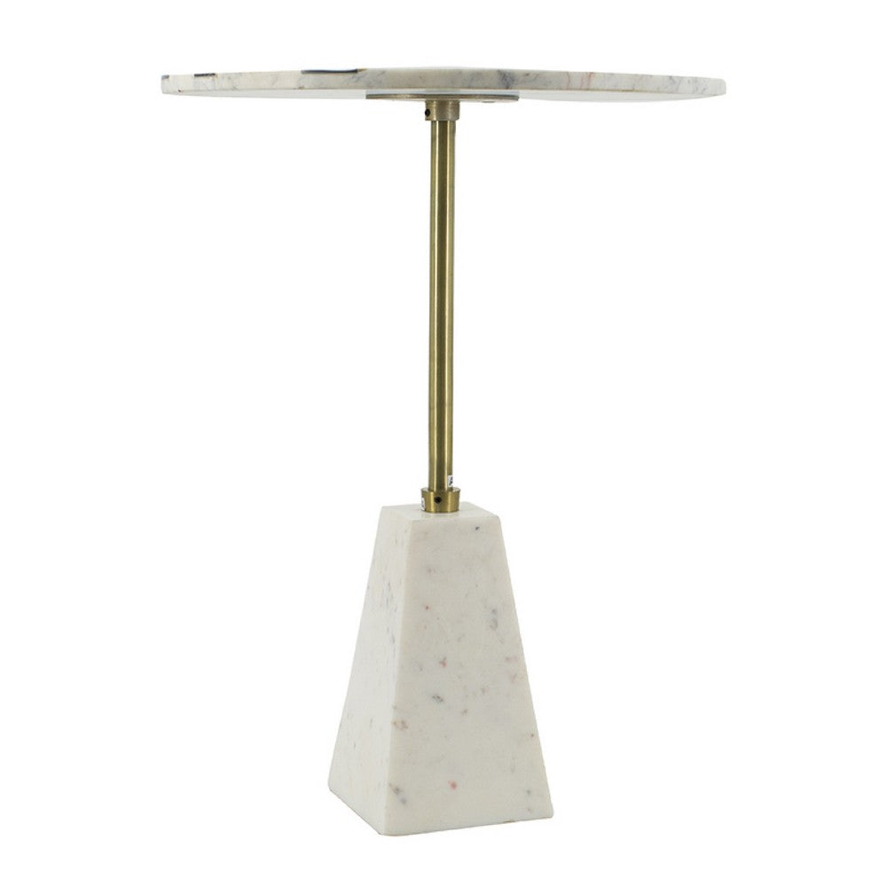 Benjara Gony Side End Table, 18 Inch Round Zig Zag Top, Brass Inlay, White Marble