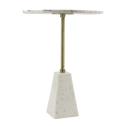 Benjara Gony Side End Table, 18 Inch Round Zig Zag Top, Brass Inlay, White Marble