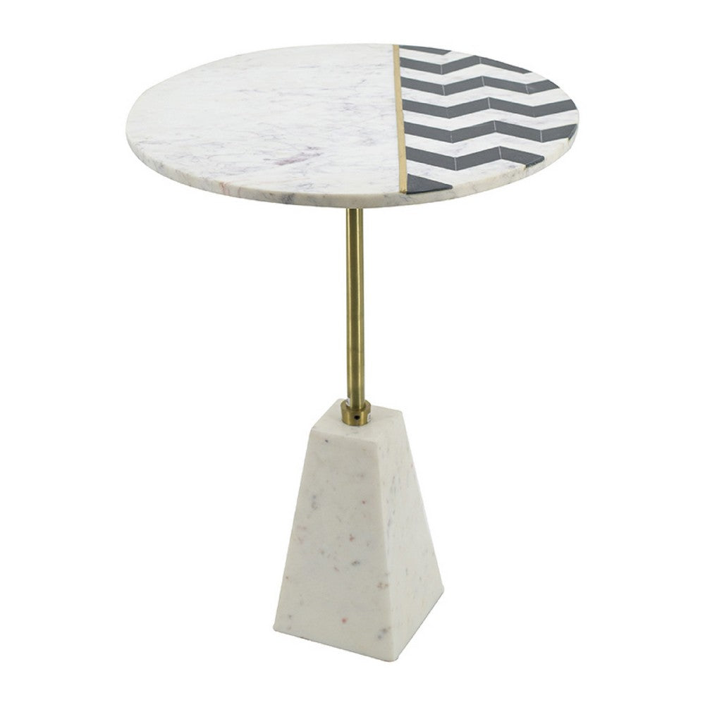 Benjara Gony Side End Table, 18 Inch Round Zig Zag Top, Brass Inlay, White Marble