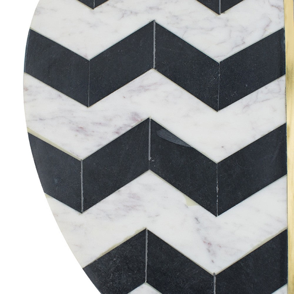 Benjara Gony Side End Table, 18 Inch Round Zig Zag Top, Brass Inlay, White Marble