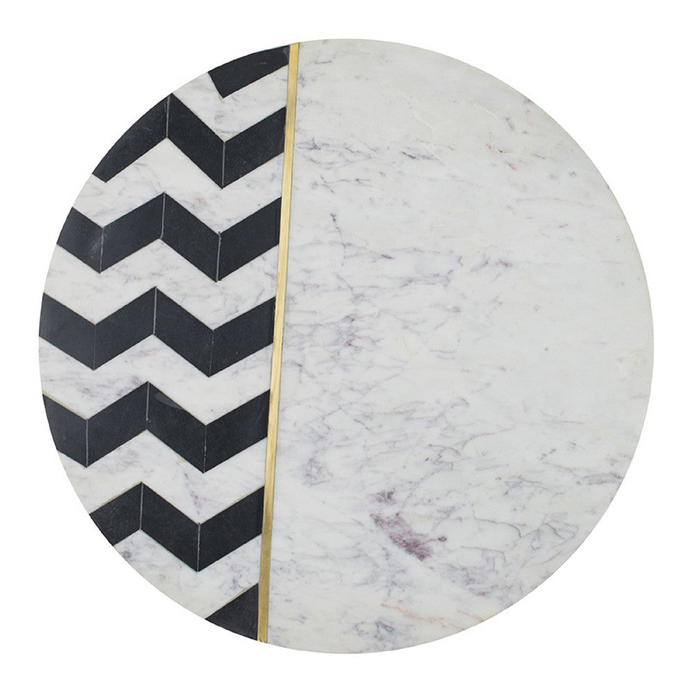 Benjara Gony Side End Table, 18 Inch Round Zig Zag Top, Brass Inlay, White Marble