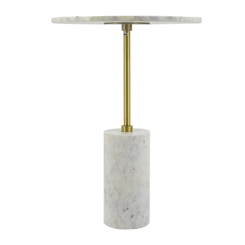 Benjara Gony Side End Table, 16 Inch Round, Brass Inlay, White Marble Pedestal
