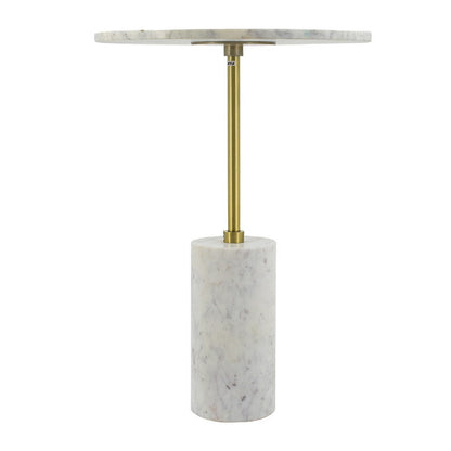 Benjara Gony Side End Table, 16 Inch Round, Brass Inlay, White Marble Pedestal