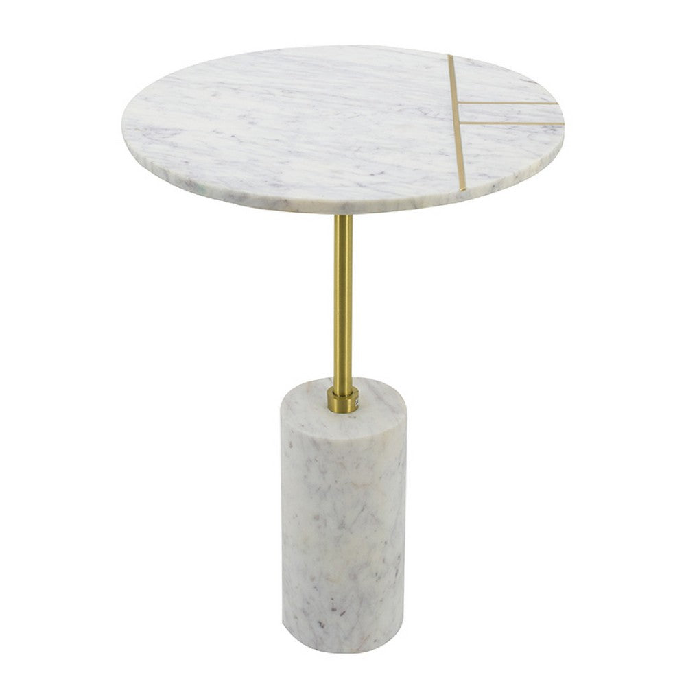 Benjara Gony Side End Table, 16 Inch Round, Brass Inlay, White Marble Pedestal