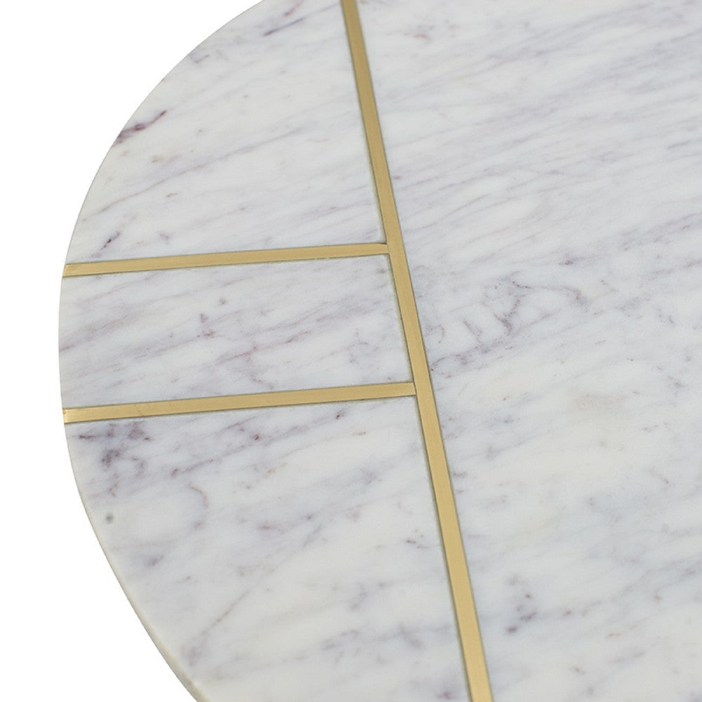 Benjara Gony Side End Table, 16 Inch Round, Brass Inlay, White Marble Pedestal