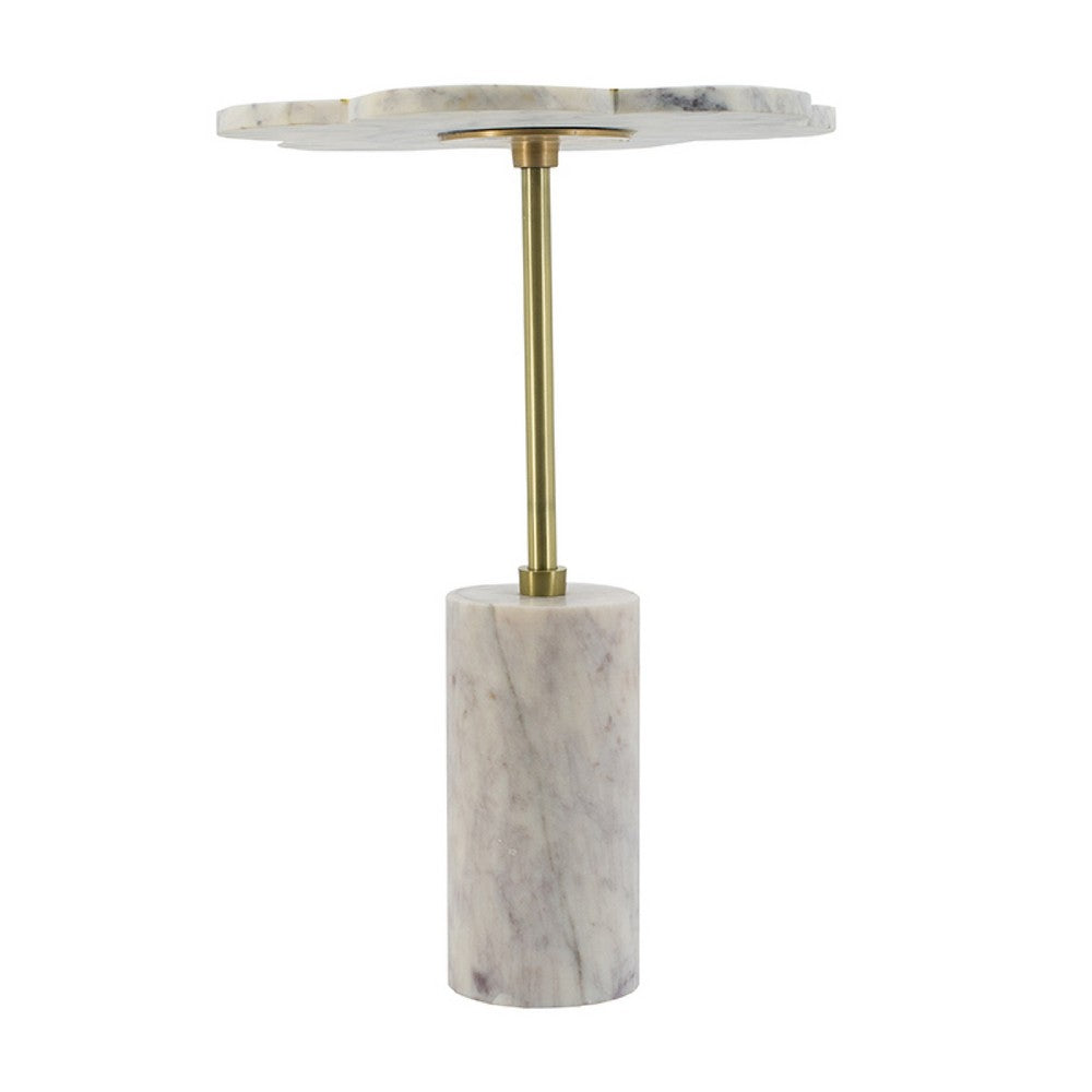 Benjara Gony Side End Table, 16 Inch Flower Top, Brass Inlay, White Marble