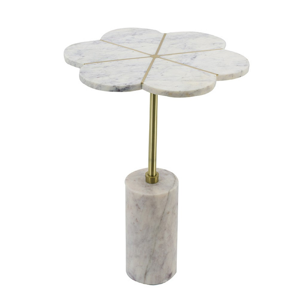 Benjara Gony Side End Table, 16 Inch Flower Top, Brass Inlay, White Marble