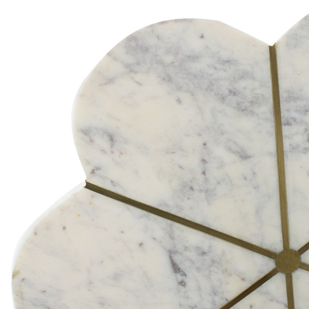 Benjara Gony Side End Table, 16 Inch Flower Top, Brass Inlay, White Marble