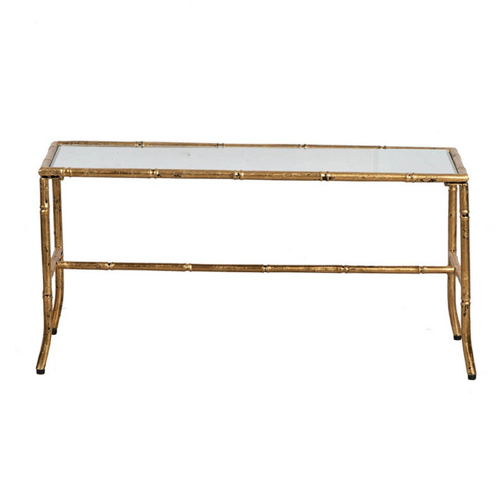 Benjara Coffee Table, 36 Inch Rectangular Glass Top, Antique Gold Iron Frame