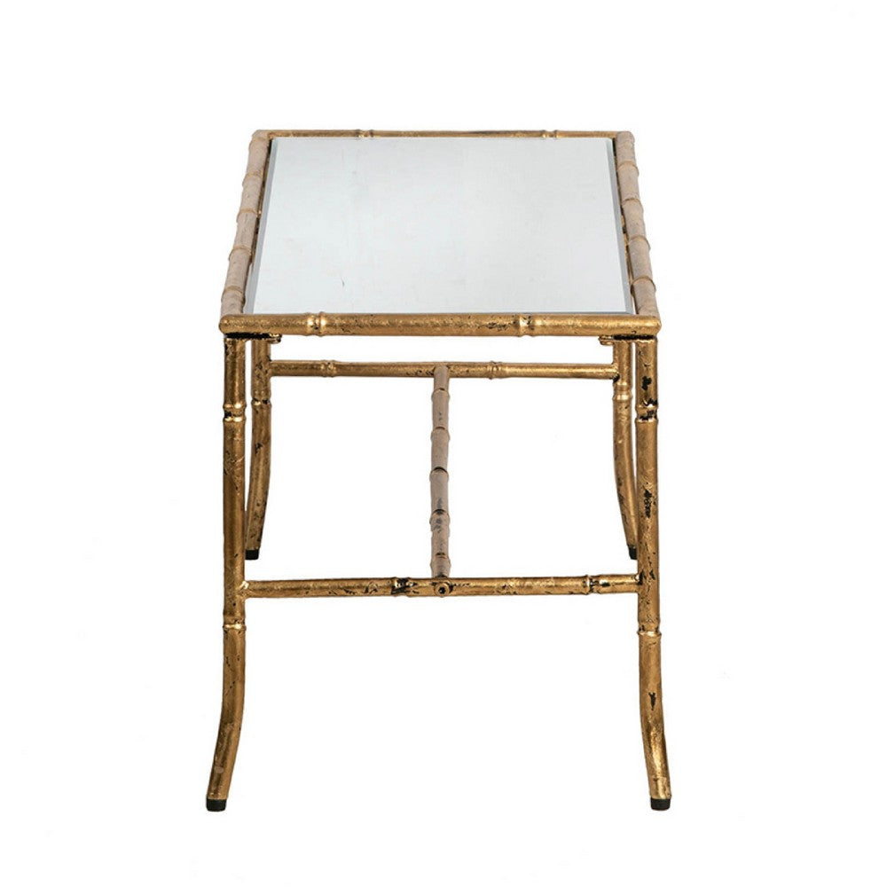 Benjara Coffee Table, 36 Inch Rectangular Glass Top, Antique Gold Iron Frame