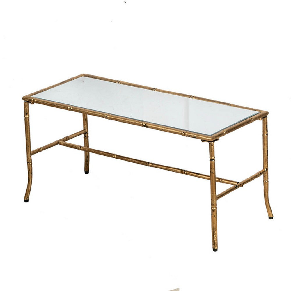 Benjara Coffee Table, 36 Inch Rectangular Glass Top, Antique Gold Iron Frame
