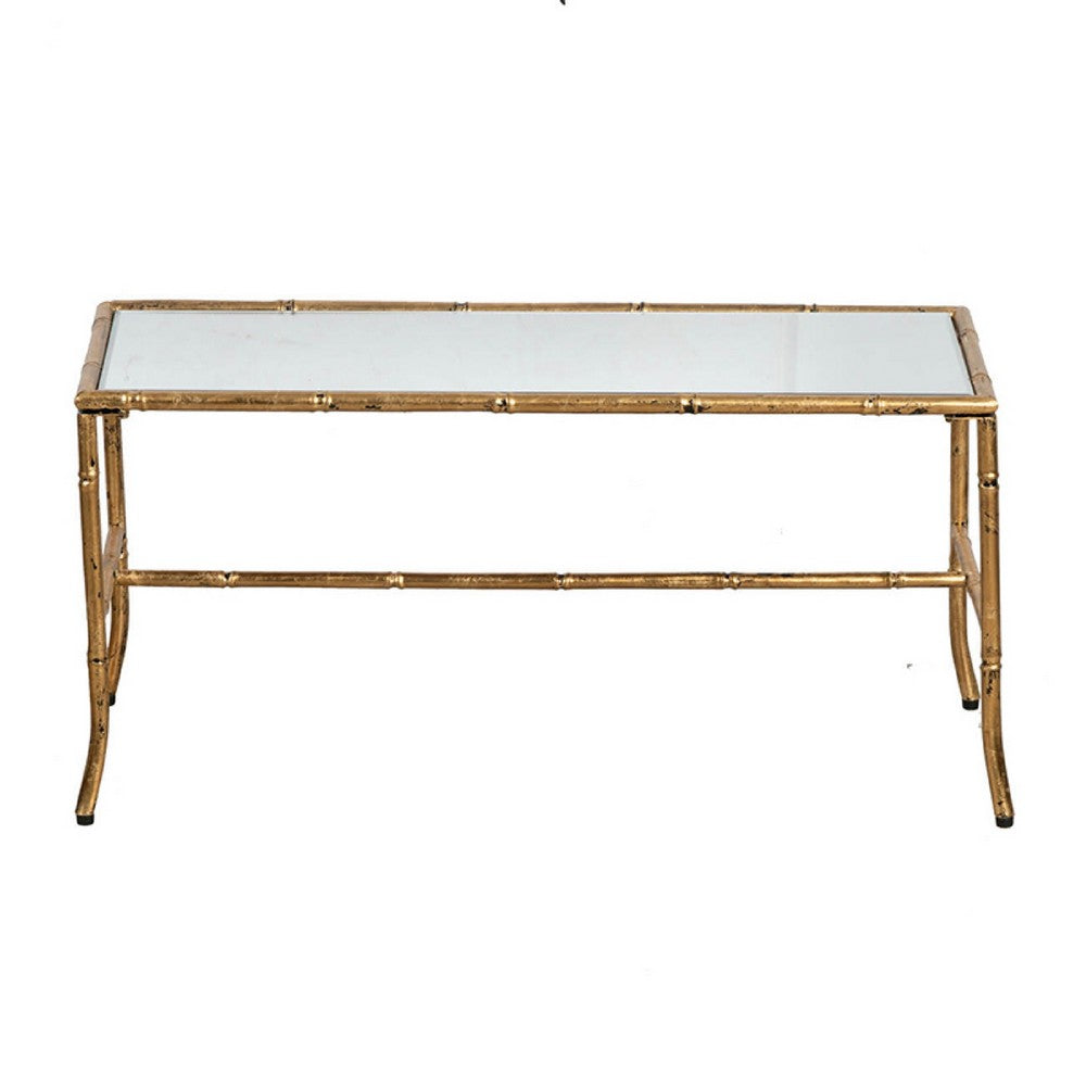 Benjara Coffee Table, 36 Inch Rectangular Glass Top, Antique Gold Iron Frame