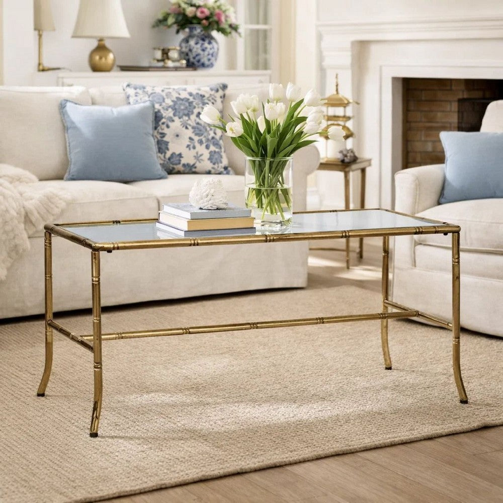 Benjara Coffee Table, 36 Inch Rectangular Glass Top, Antique Gold Iron Frame