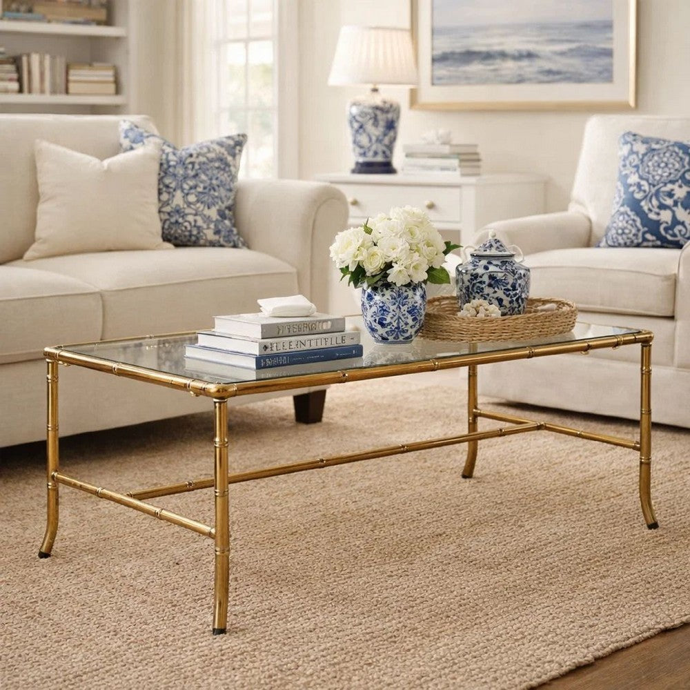 Benjara Coffee Table, 36 Inch Rectangular Glass Top, Antique Gold Iron Frame