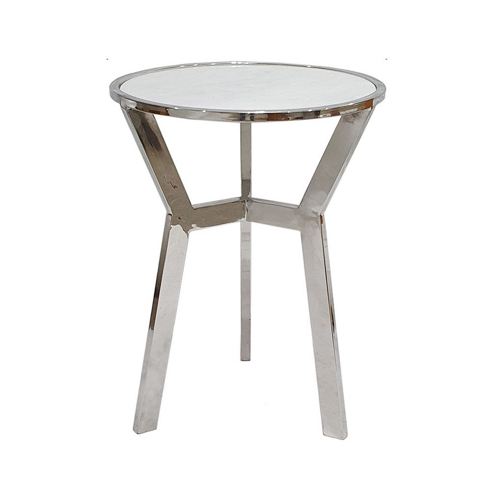 Benjara Side End Table, 18 Inch Round White Marble Top, Silver Steel X Base