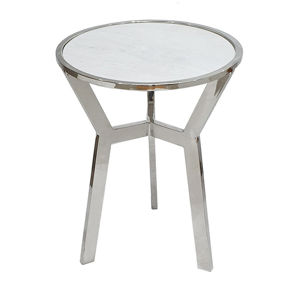 Benjara Side End Table, 18 Inch Round White Marble Top, Silver Steel X Base