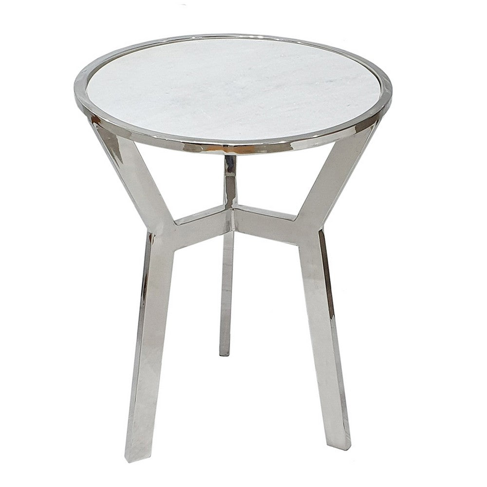 Benjara Side End Table, 18 Inch Round White Marble Top, Silver Steel X Base