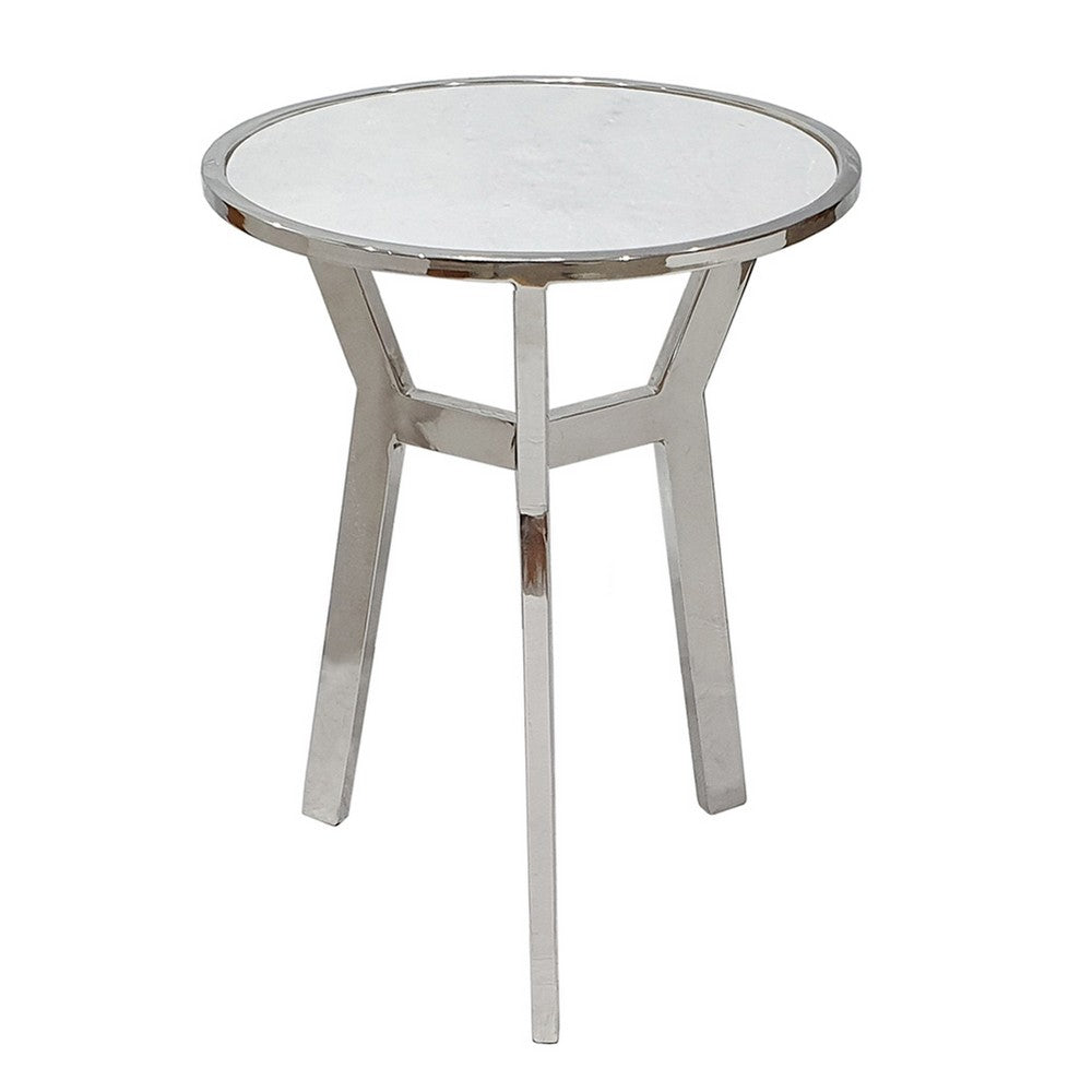 Benjara Side End Table, 18 Inch Round White Marble Top, Silver Steel X Base