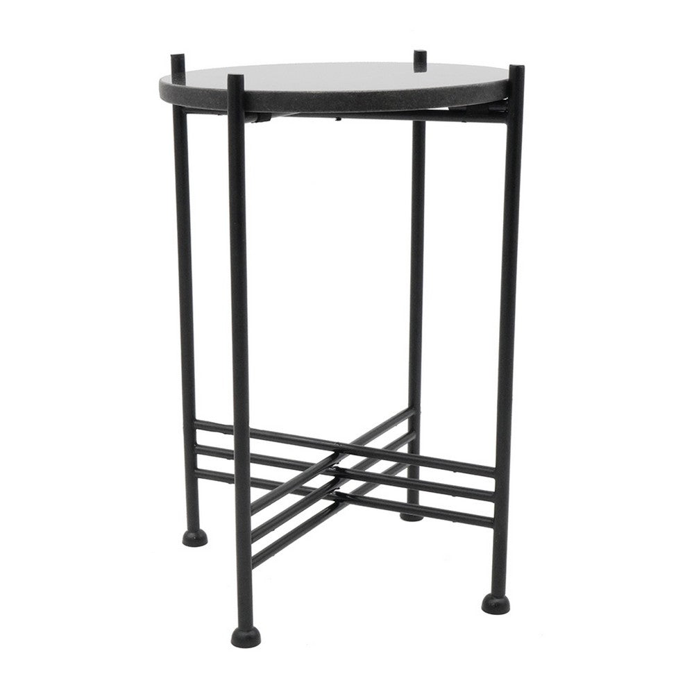 Benjara Azik Accent Table, 13 Inch Round Marble-Look Glass Top, Black Iron X Base