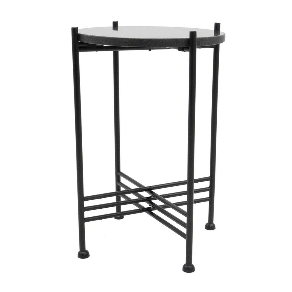 Benjara Azik Accent Table, 13 Inch Round Marble-Look Glass Top, Black Iron X Base