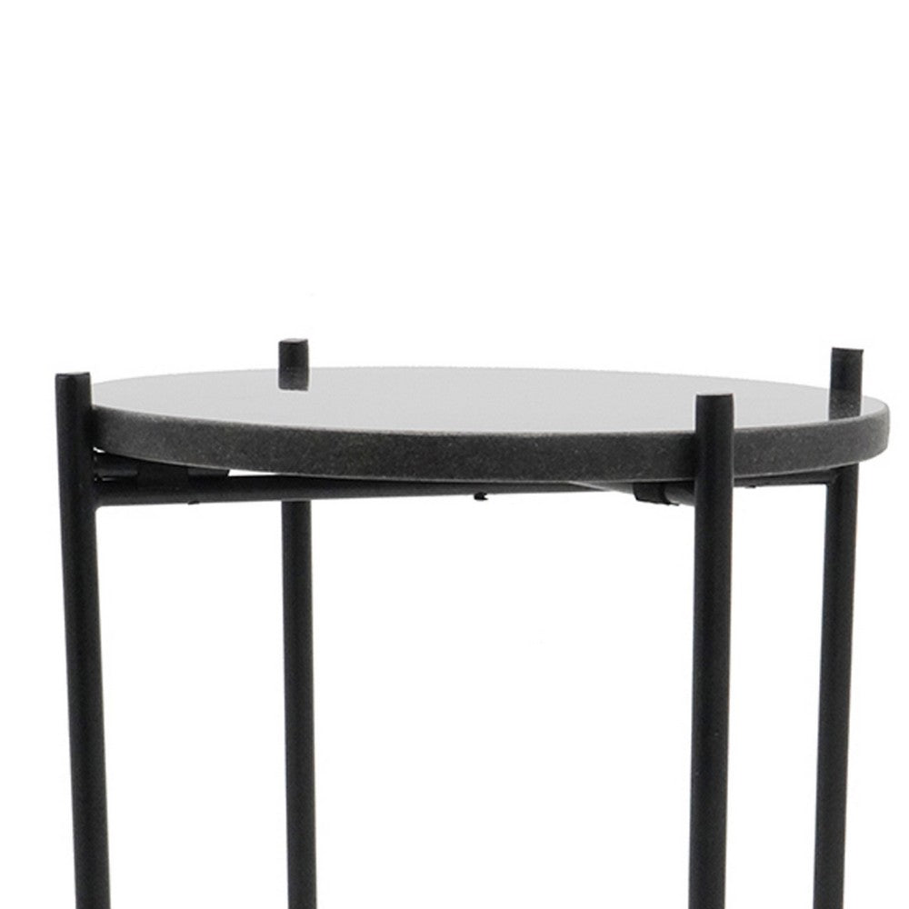 Benjara Azik Accent Table, 13 Inch Round Marble-Look Glass Top, Black Iron X Base