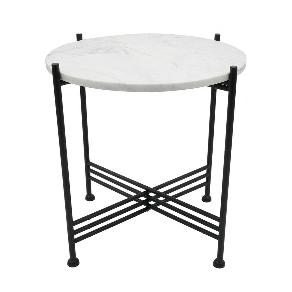 Benjara Azik Accent Table, 16 Inch Round White Marble-Look Glass Top, Black Iron