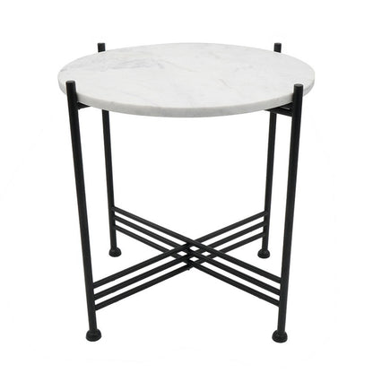 Benjara Azik Accent Table, 16 Inch Round White Marble-Look Glass Top, Black Iron