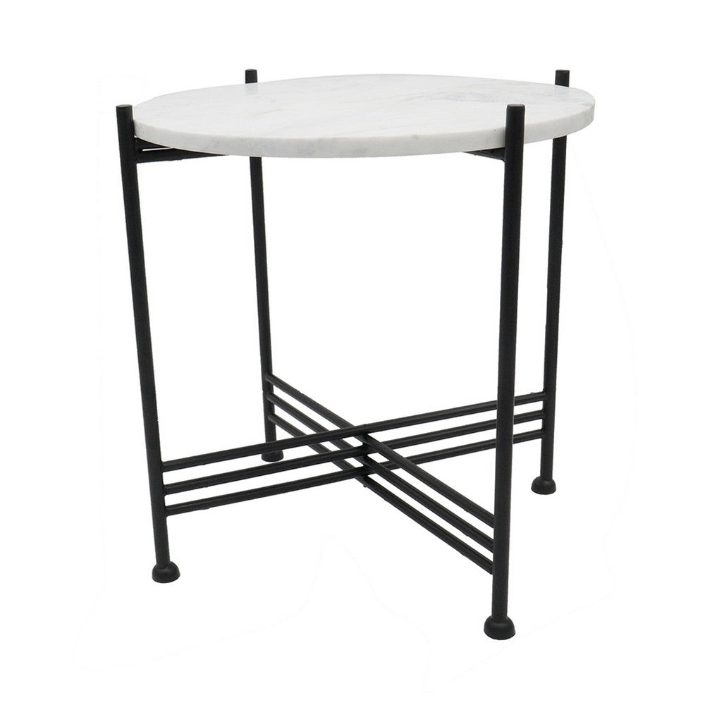 Benjara Azik Accent Table, 16 Inch Round White Marble-Look Glass Top, Black Iron