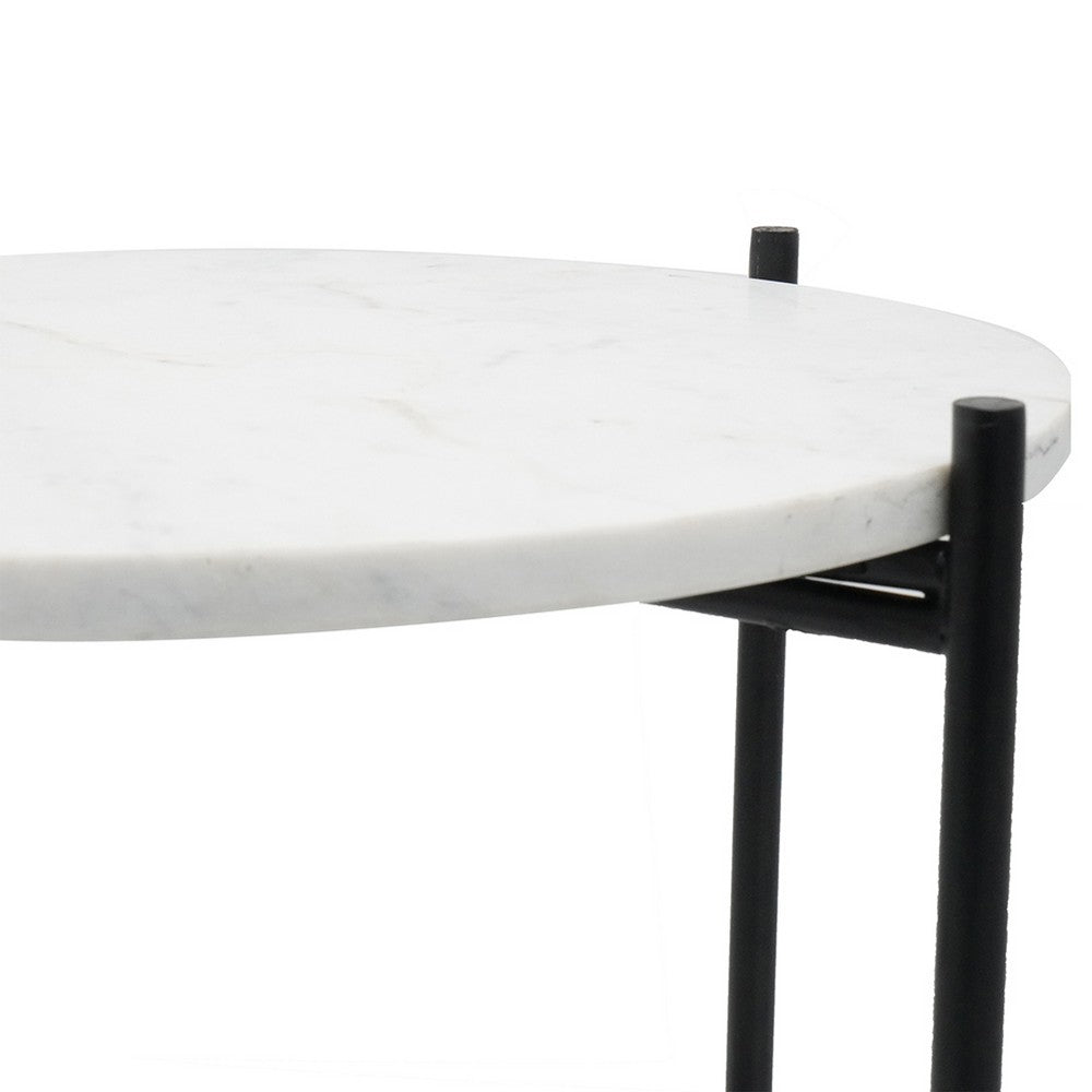 Benjara Azik Accent Table, 16 Inch Round White Marble-Look Glass Top, Black Iron